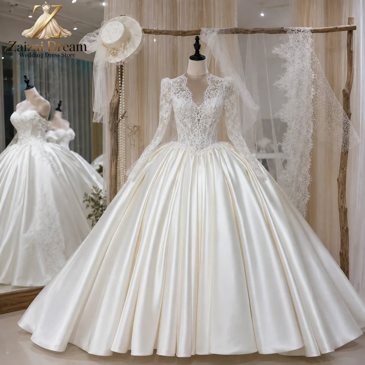 Customized Luxury Satin Bridal Gown Lace Bodice Long Sleeves Deep V Neck Puffy Ball Gown Wedding Dress Vestido De Noiva