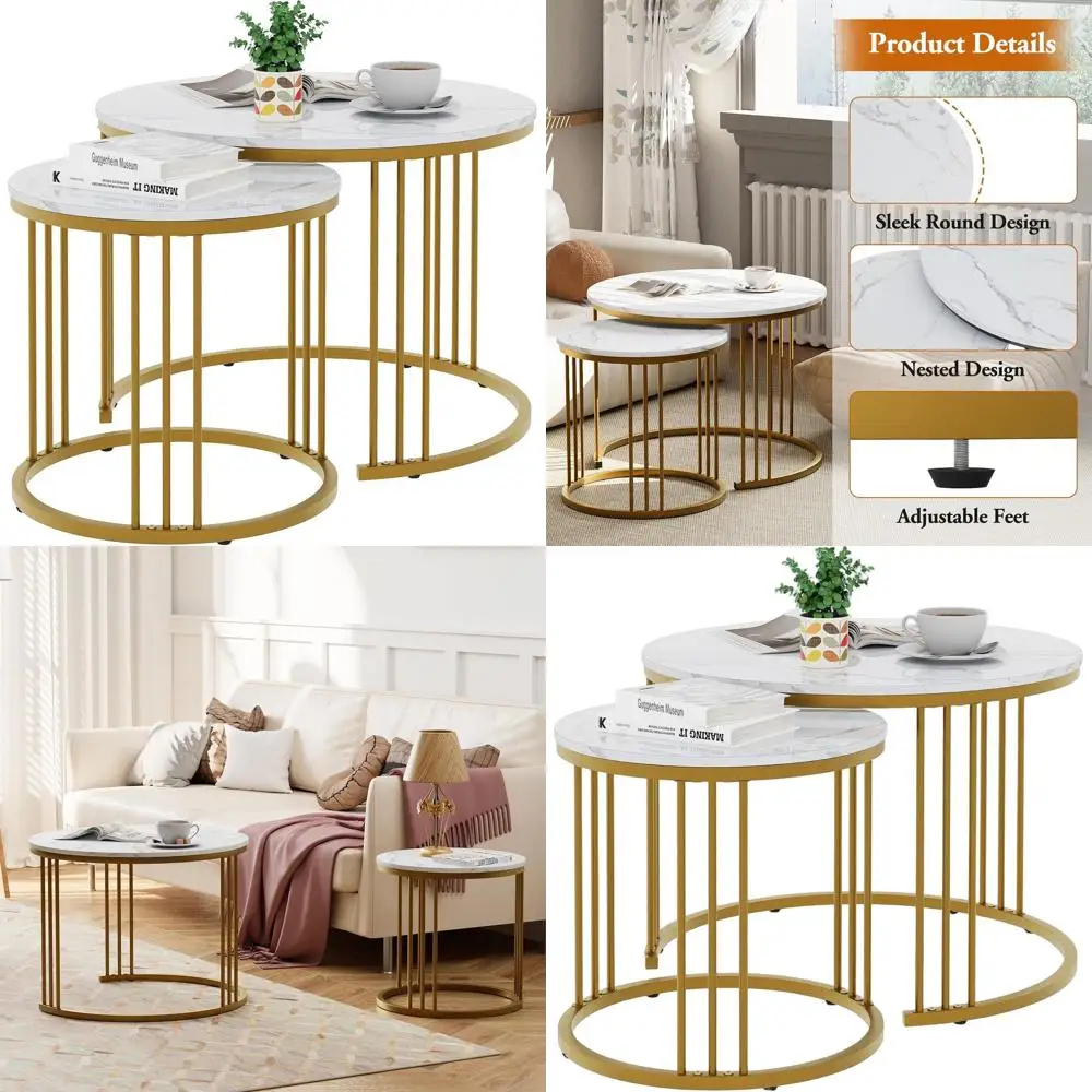 White & Gold Faux Marble Nesting Coffee Tables Set, Modern Living Room & Bedroom Furniture, Ideal for Small Spaces