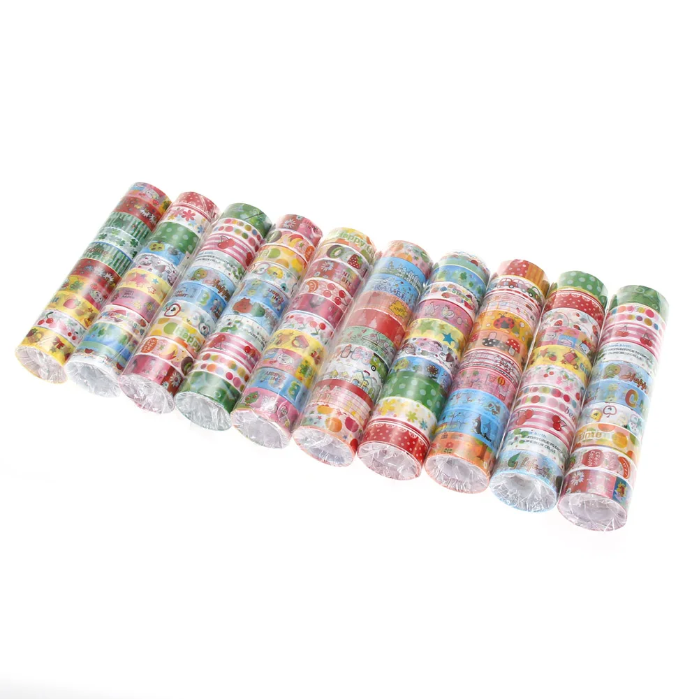 10pcs Adhesive Sticker 250x1.5cm DIY Washi Tape Cartoon Pattern Decorative Craft for Gift Wrapping Scrapbook School Supplies
