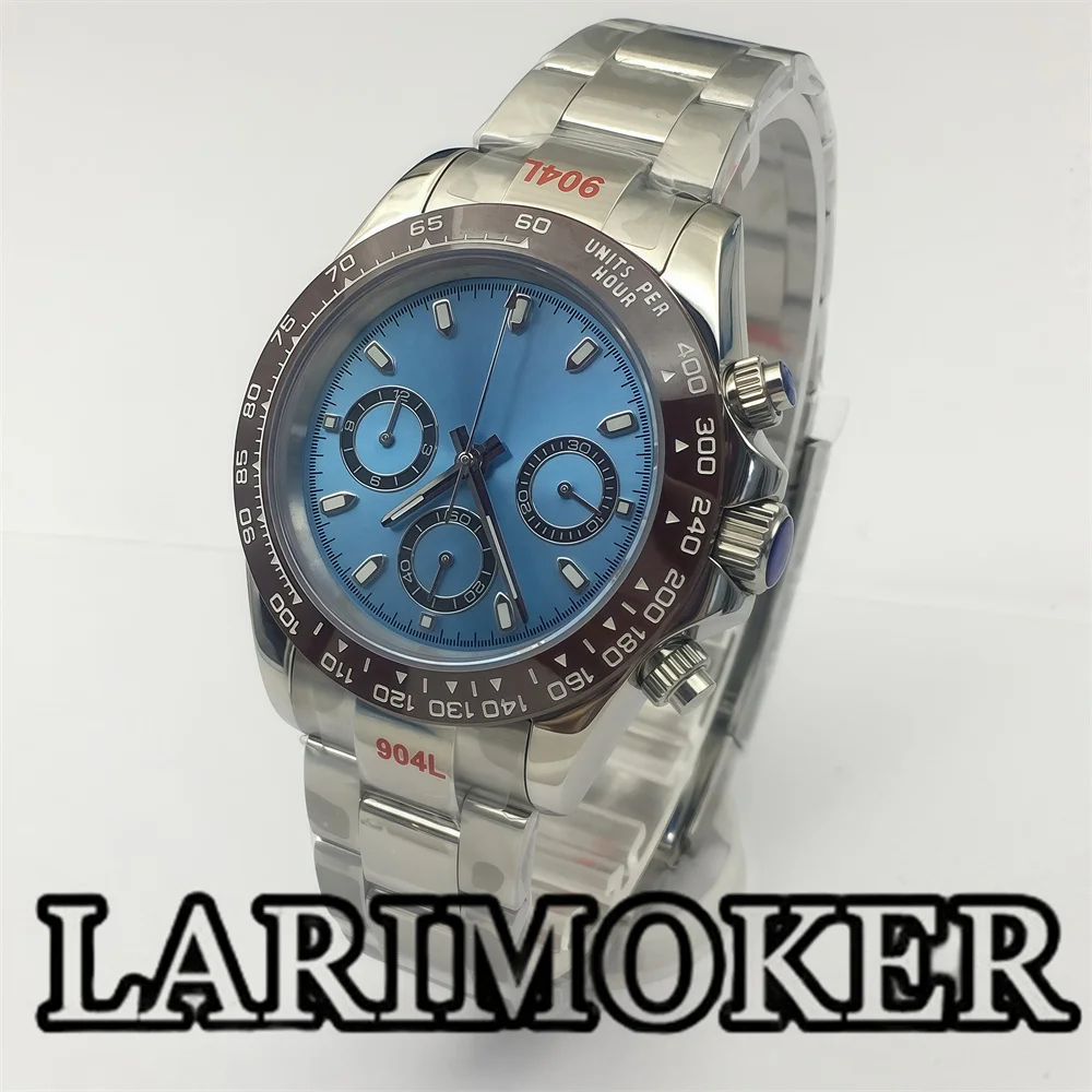 Larimoker 39mm relógio cronógrafo prata aço inoxidável para homem vk63 movimento de quartzo cristal safira mostrador azul