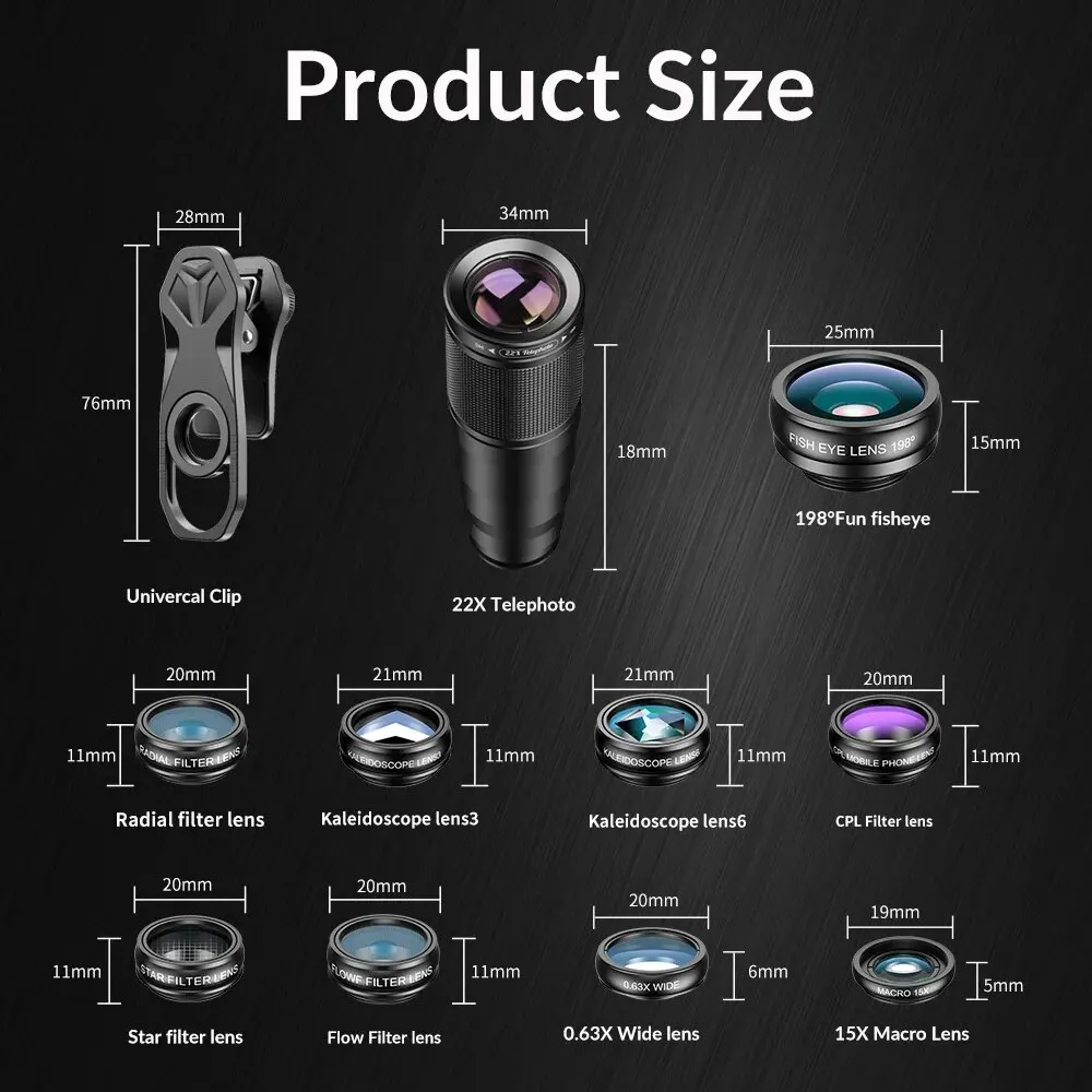 APEXEL جديد محدث 22X عدسة تكبير المقربة 10 في 1 عدسة عين السمكة زاوية واسعة عدسة ماكرو + مرشحات تدفق النجوم CPL لجميع الهواتف الذكية #2