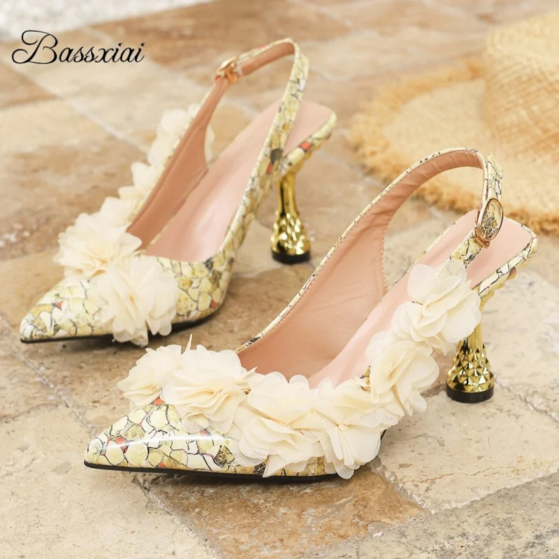 

Individual Strange Heel Women Sandals Print Floral Handmade Flower Pointed Toe Party Shoes For Girls Summer