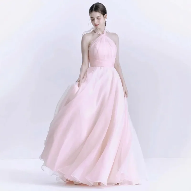 

Elegant Party Evening Dresses Pink Black A-line Tulle Halter Prom Dress Sleeveless Lace Up Formal Occasion Dresses Customized