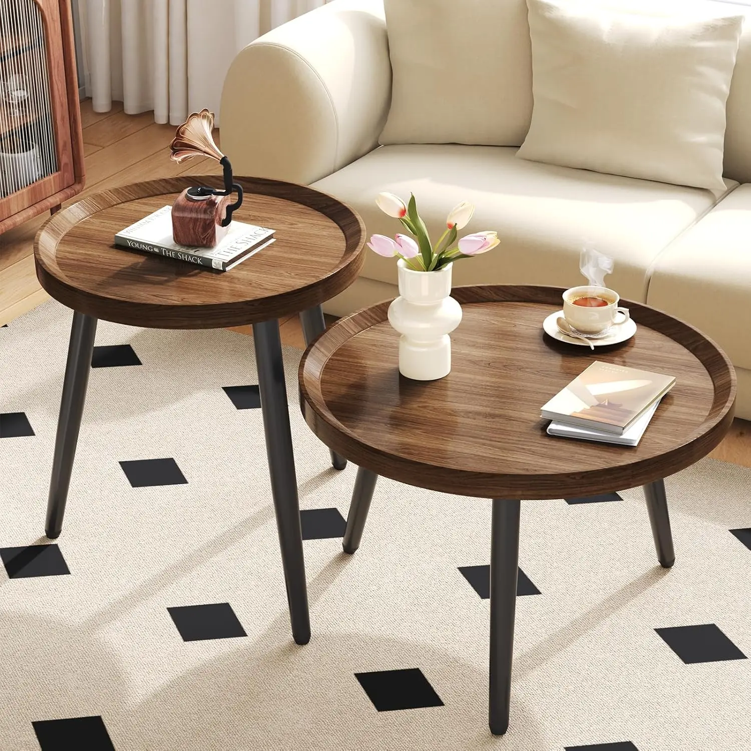 

Small Round Coffee Table Set, Mid Century Modern Coffee Tables for Living Room Walnut Nesting Tables for Small Spaces side table