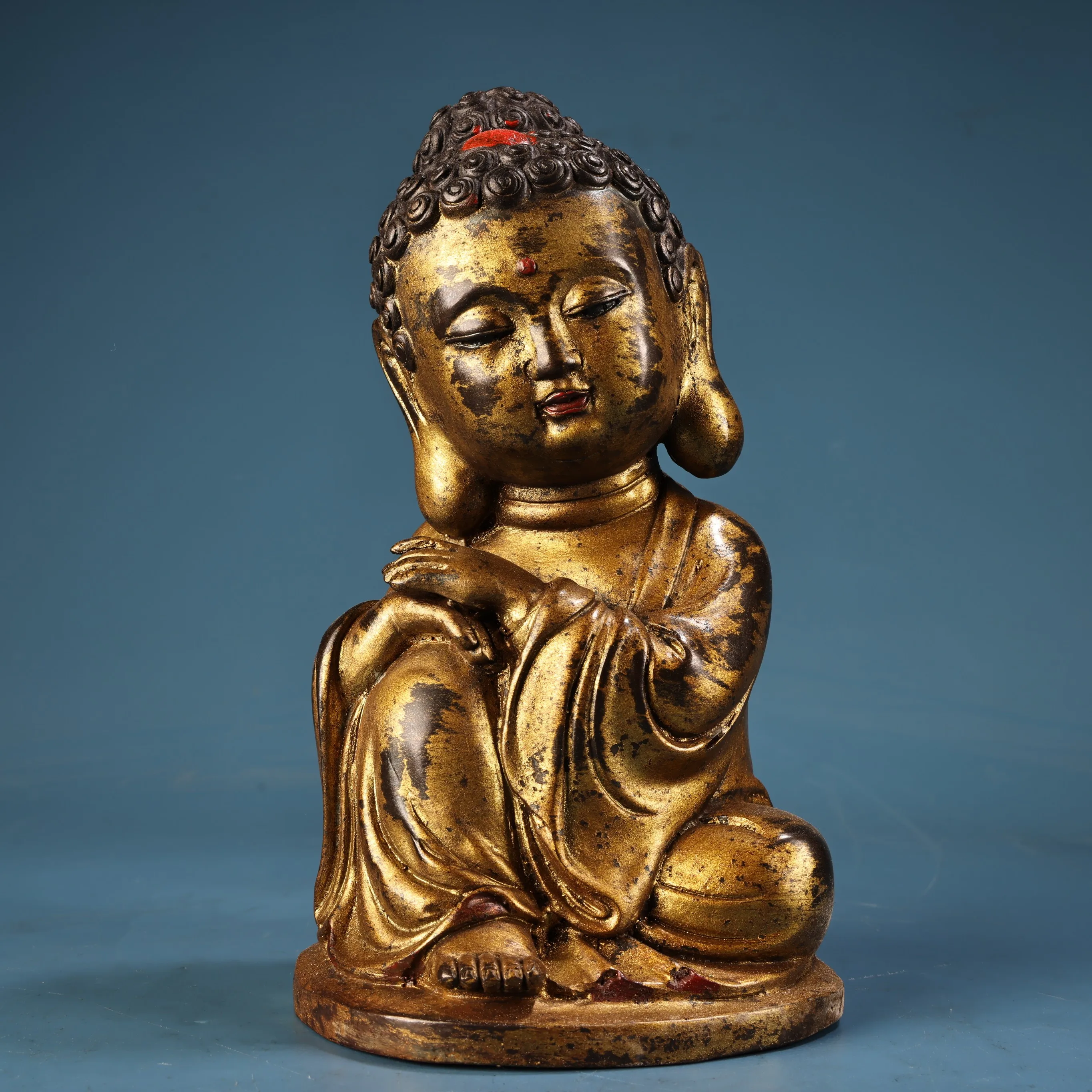 Vintage Worn Gold Gilt Mini Baby Buddha Sculpture, Meditating Kid Buddha Statue with Red Pigment Detail