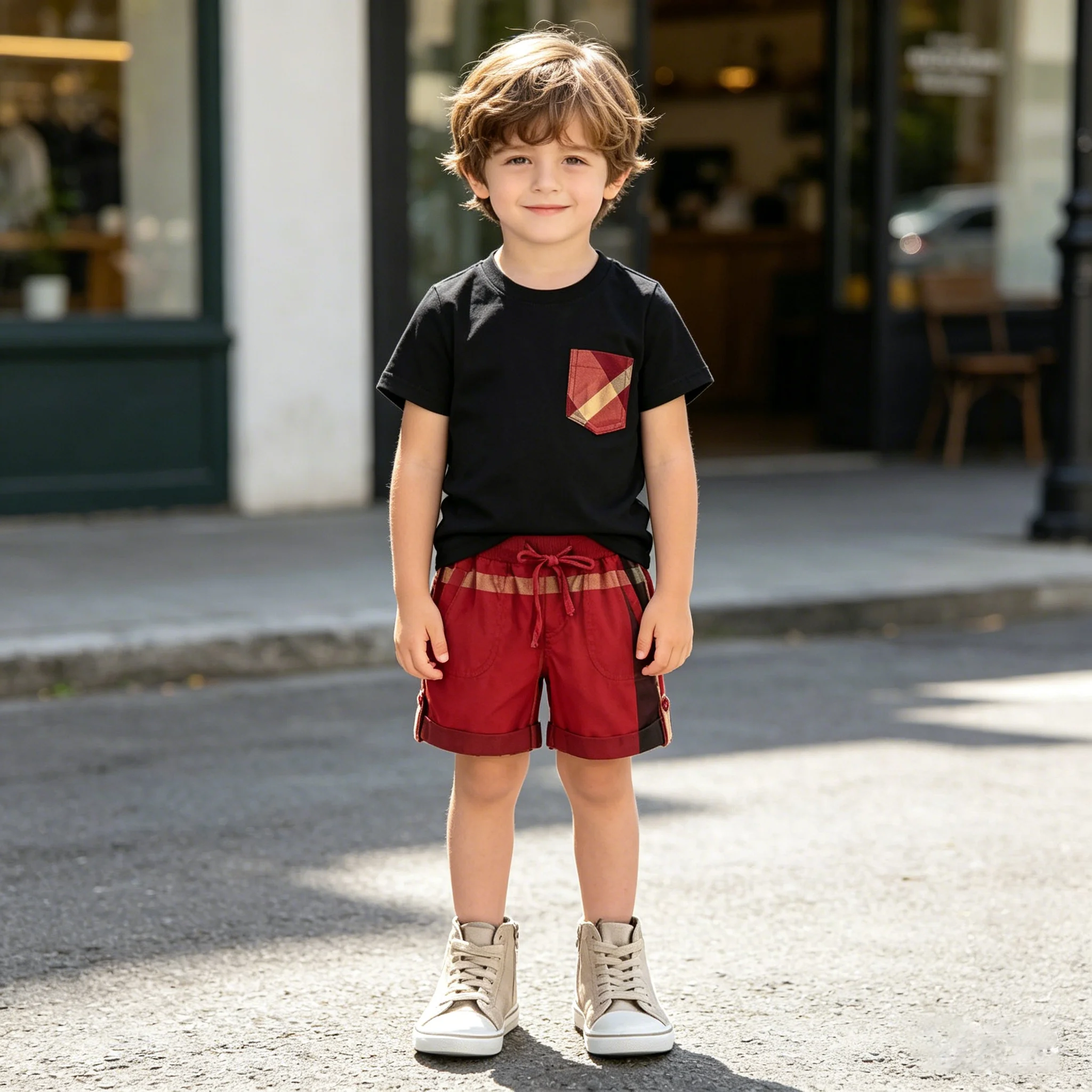 

Футболки, удобные шорты, хлопковая повседневная одежда для девочек, комплект летней одежды для малышей, с карманами и полосками, для мальчиков, с короткими рукавами