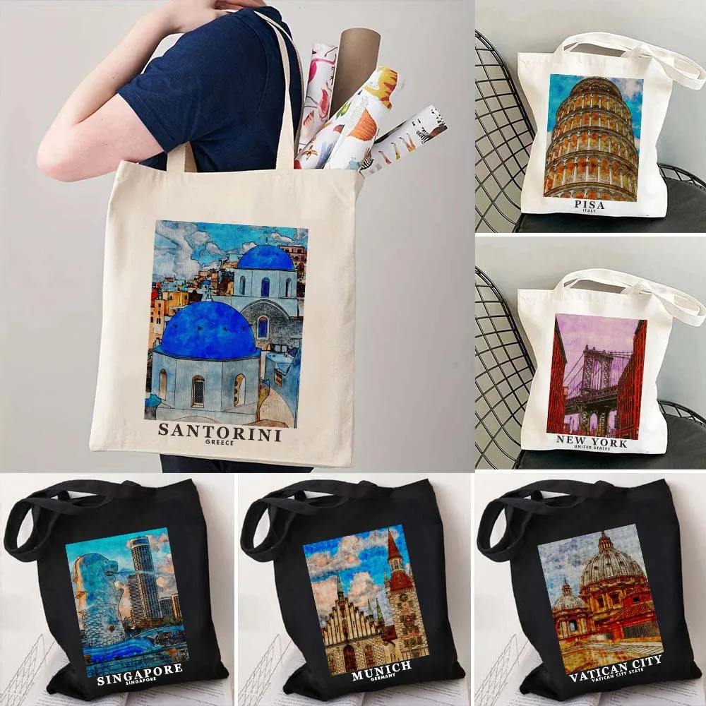 Maldives Singapore Munich New York Santorini Vatican Venice Pisa Rome Wroclaw Architectural Painting Canvas Tote Bag Eco Handbag