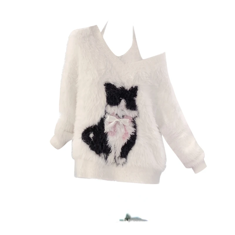 

Autumn Kawaii Cartoon Cat Jacquard Halter Off Shoulder Women Sweaters Long Sleeve Pullovers Sweet Chic Fashion Jumpers