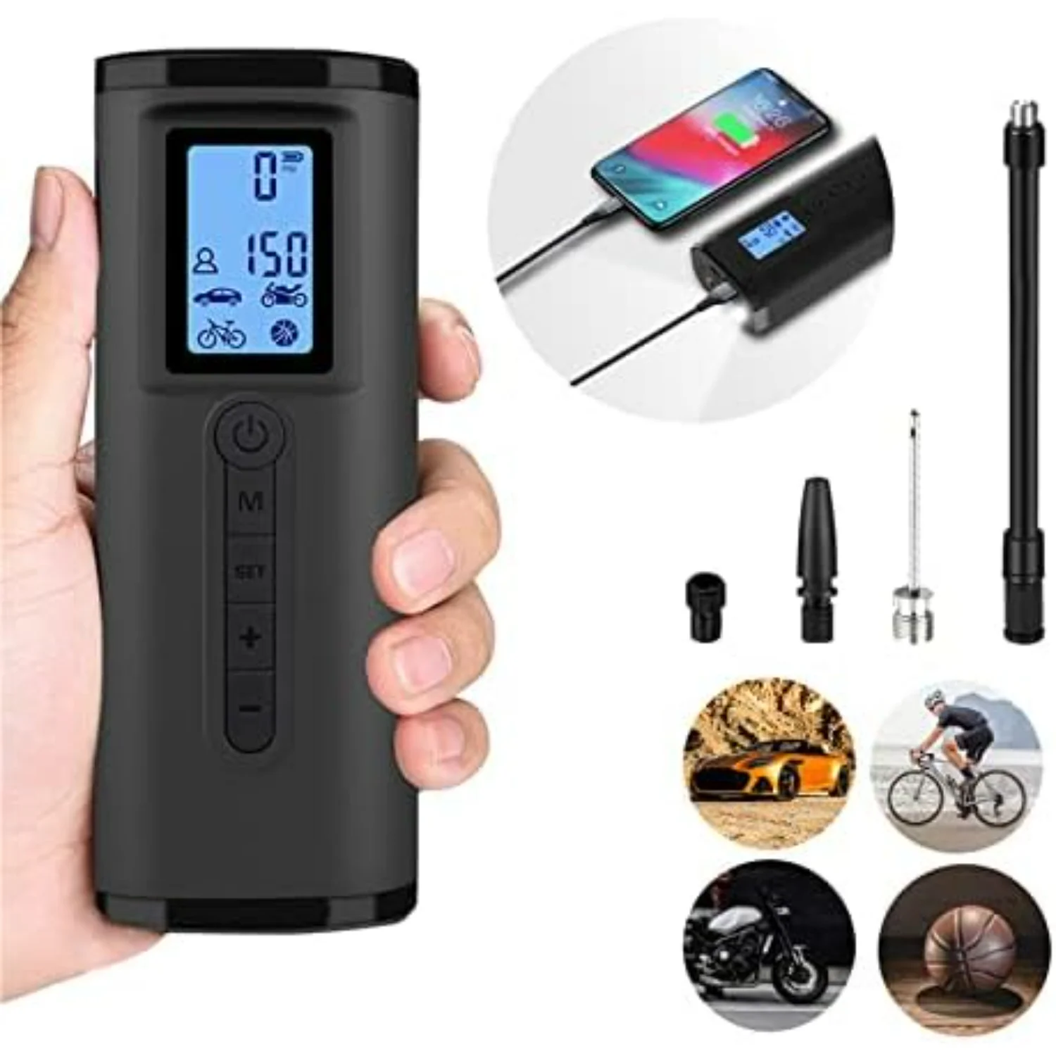 Lamgool 150 PSI Tire Inflator Portable Air Compressor Bicycle  With Digital Pressure Gauge LED Light Mini Rechargeable Tire   Ai