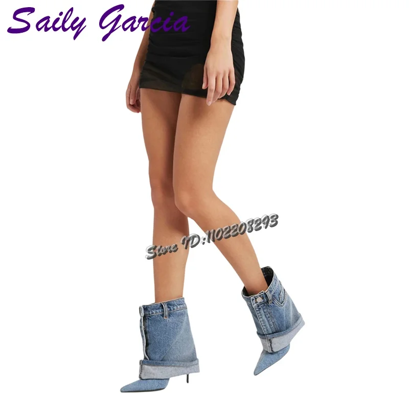 

Denim Pointed Toe Ankle Boots Pleated Buckle High-Heeled Short Trousers Boots Slip-on 2025 Autumn New Fashion Heels Women Shoes