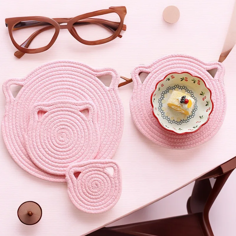 

Cotton Rope Woven Placemat Heat-resistant Cup Mat Cat Shaped Dining Table Mat Thickened Household Insulation Mat