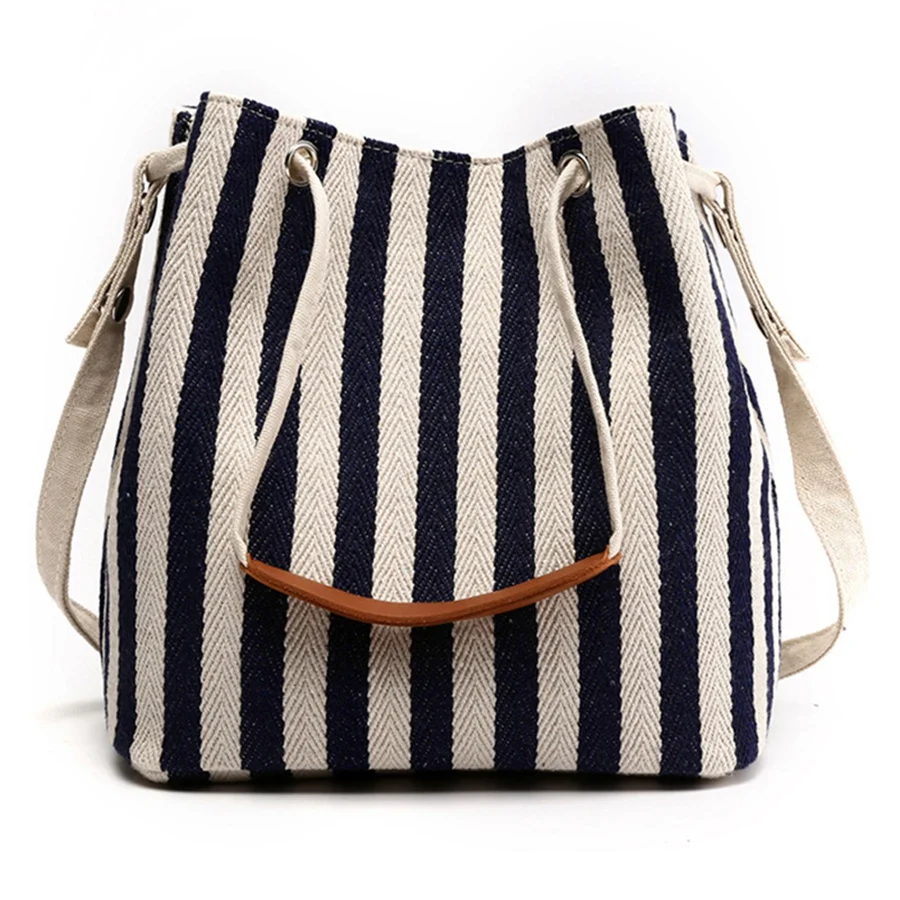 Big Stripe Shoulder Handbags Shopping Bag Beach Handbag New Fashion Canvas Bag Wild Striped Beach Bag Blue