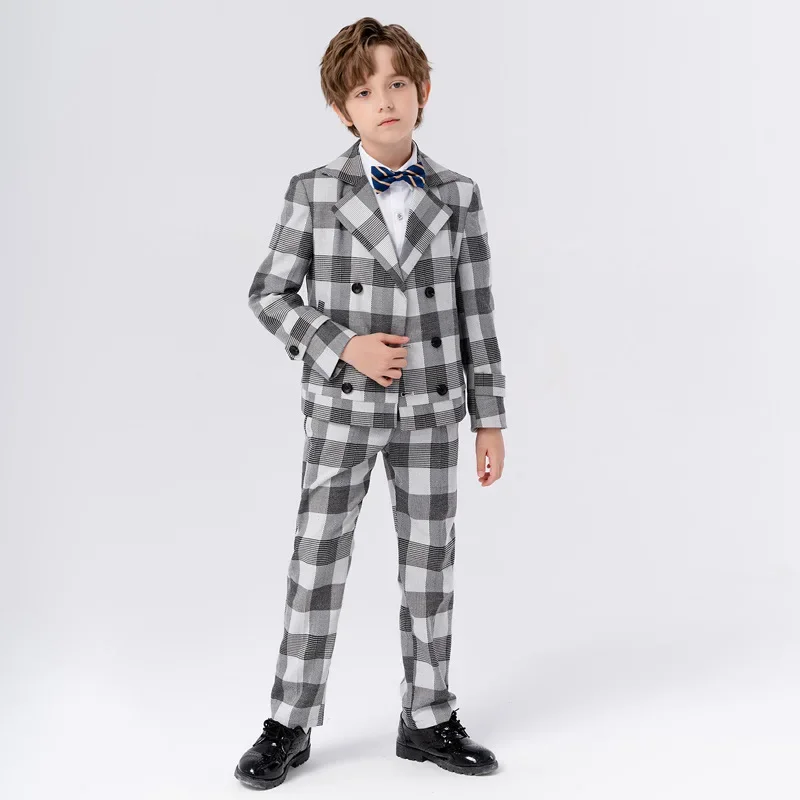 Boys Black Slim Fit Suits Formal Wear Children Teenagers Groomsman Performance Host Clothes Kids Plaid Students Party Full Dress