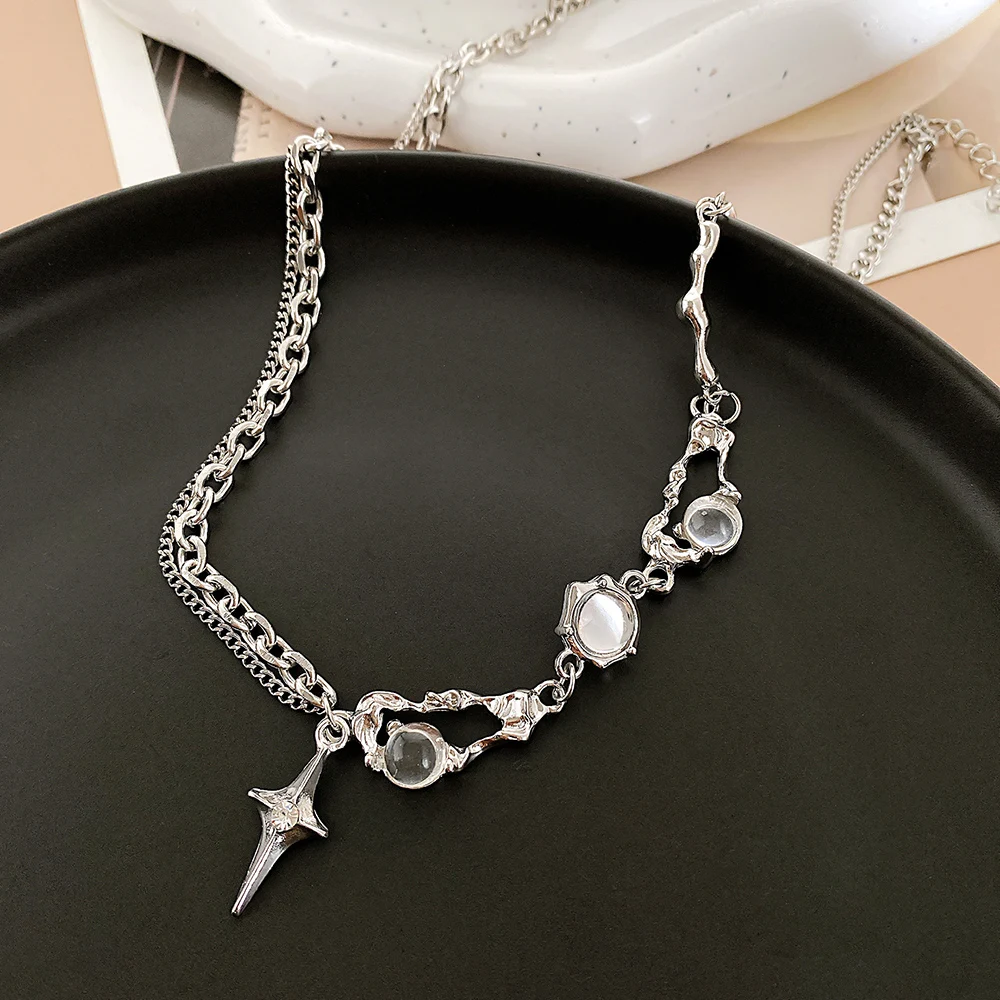 فضية اللون Y2K Moonstone قلادة القلائد للنساء العصرية كريستال الزركون الصليب قطرة الماء قلادة غير متناظرة مجوهرات هدية