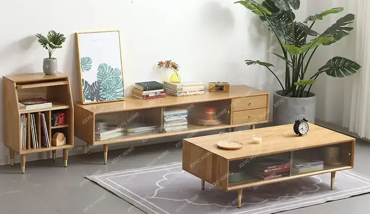 All solid wood light luxury push-pull Changhong glass coffee table, small apartment coffee table