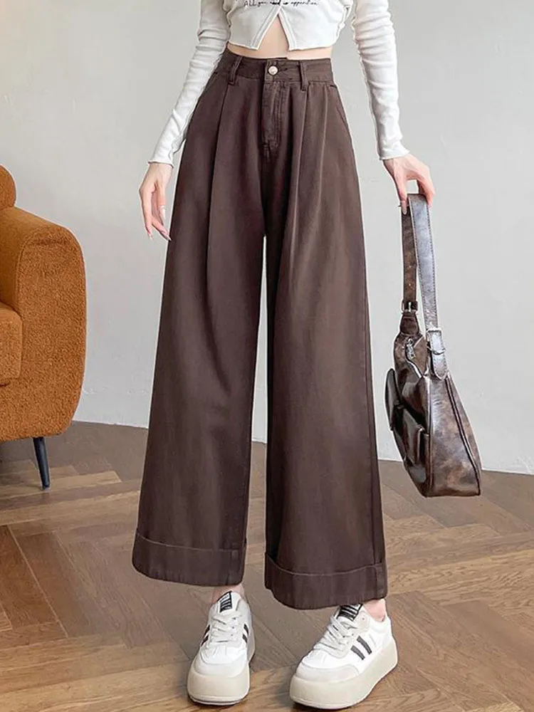 Pantalones vaqueros rectos holgados de moda coreana para mujer, pantalones vaqueros de pierna ancha informales de cintura alta, ropa de calle para primavera y otoño, Vaqueros holgados lisos nuevos