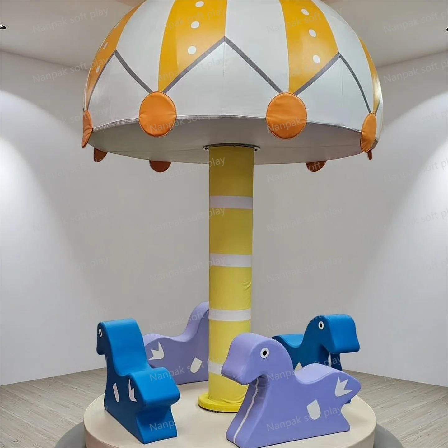 

Custom Cute Yellow White Indoor/Outdoor Soft Play Equipment-Kids' Spin Merry-Go-Round for Preschool Parties Party Hire Carousels