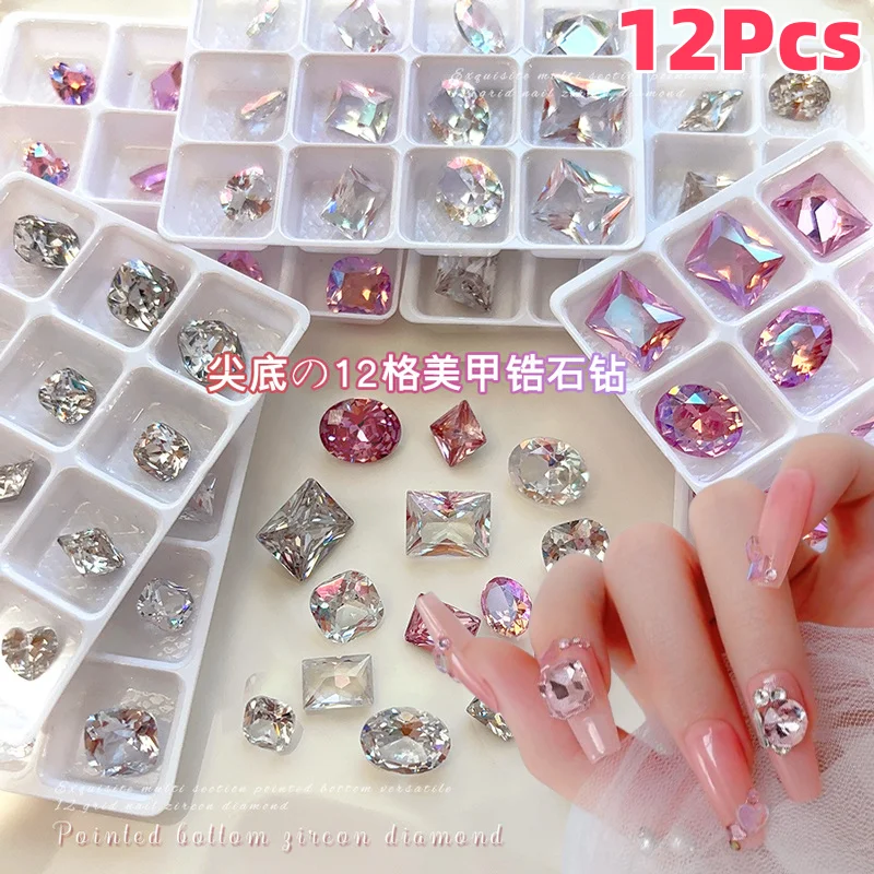 12 szt. Cyrkonie 3D do zdobienia paznokci, 6-10mm, mieszane kwadraty/serce/owale, diamentowe ozdoby do paznokci, błyszczące akcesoria do manicure DIY