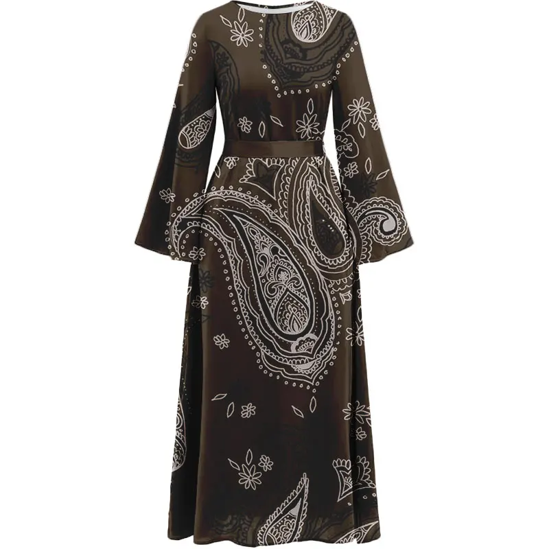 Summer New Vintage Print Dress Arabian Loose Women elegante Abaya abito da festa lungo fino al pavimento con cordoncino in vita Dubai Muslim maxidess