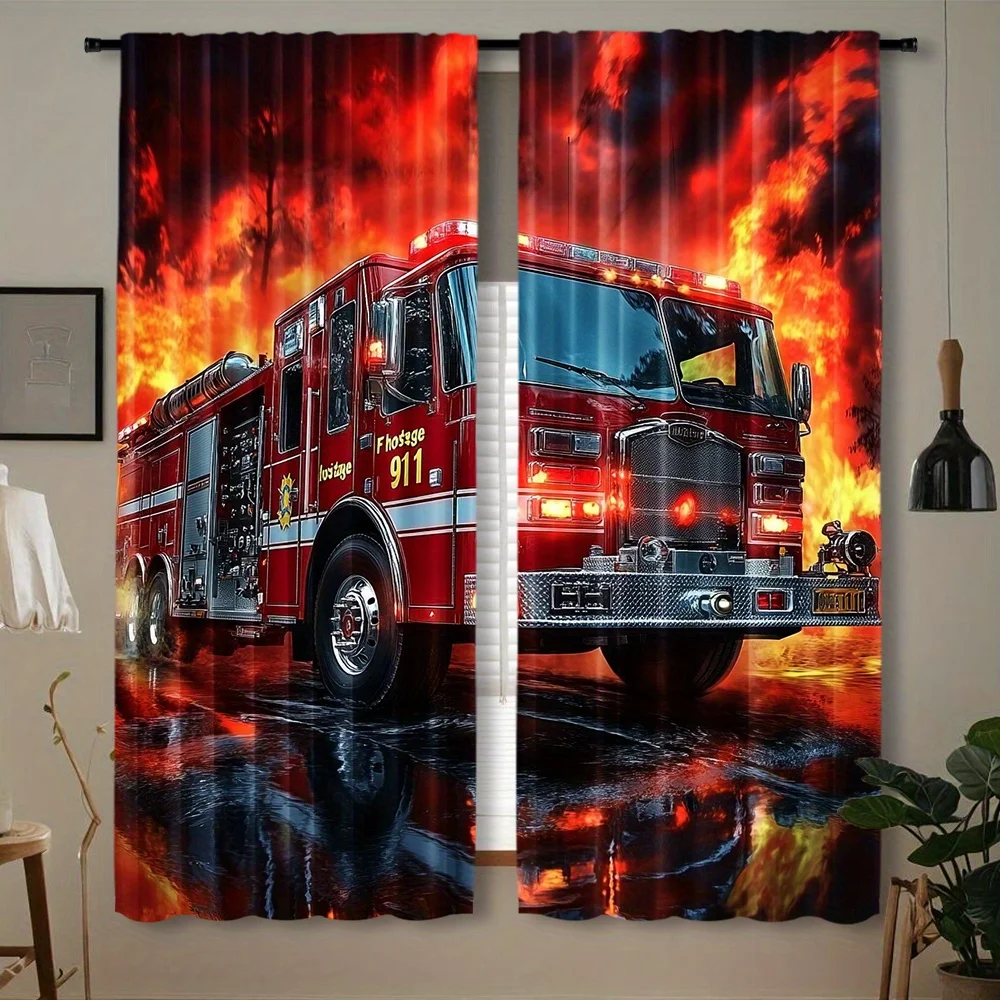 Fire Truck Curtains, Red Firefighter Engine Window Drapes, Cool Hero Decor, Blackout Fabric for Kids Bedroom Boys Room Nursery