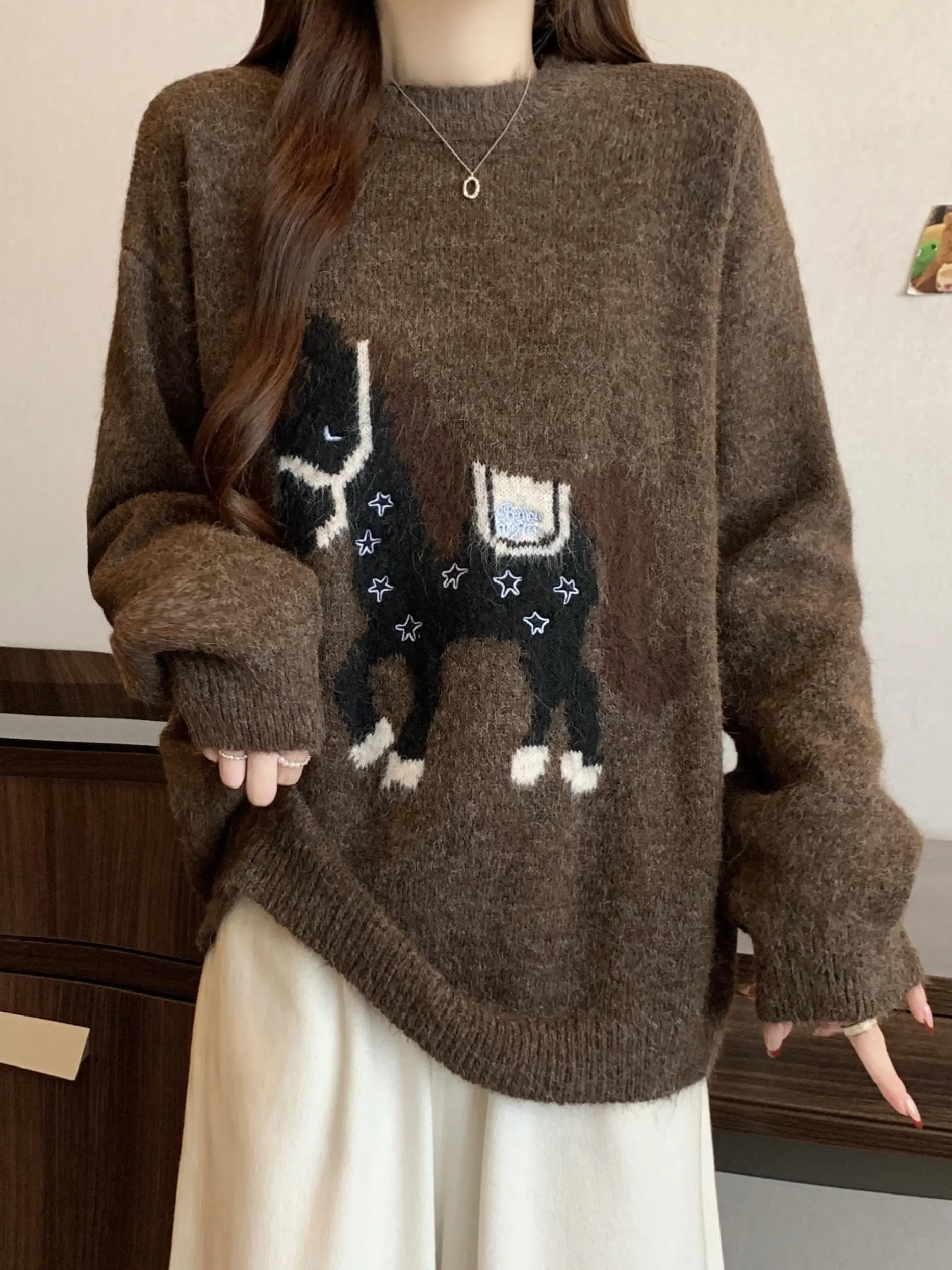 Winter Women's Knitted Sweater Coffee Color  Patterned Slimming Large Size Inner Wear Top Trendy Commute Sle Long Sve