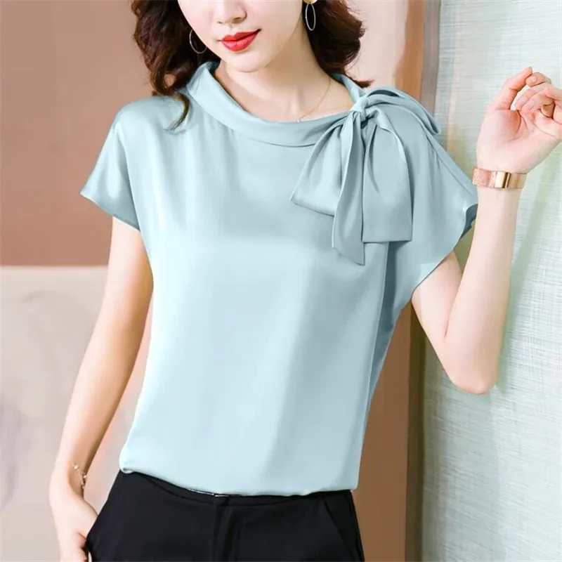 Büro dame Eis seide Shirts Frauen Vintage Chiffon Bluse Sommer Neue Acetat satin Hemd Elegante künstliche seide Bogen tops