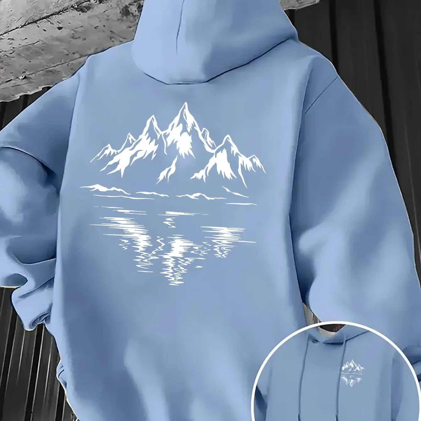 Minimalist Mountain and Lake Aesthetics Men's Hooded Sweatshirt with White Lines Reflecting Snow Peaks and Water Scenery