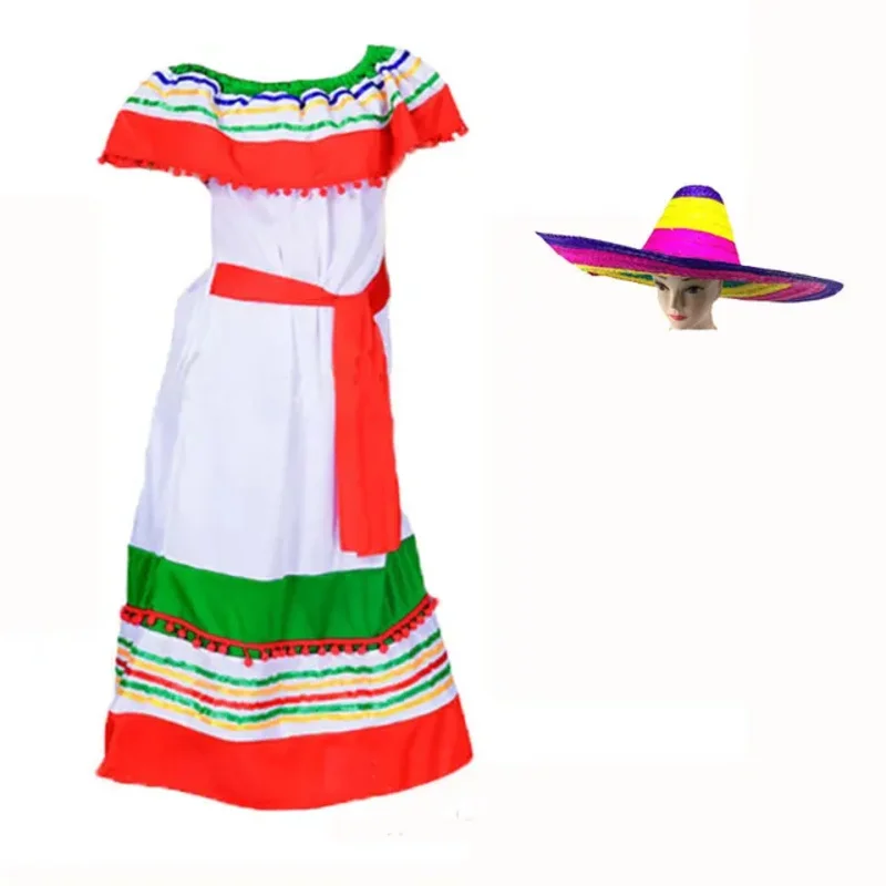 Costume d'Halloween à Rayures pour Bol, Robe du Mexique, Cape, Chapeau de Paille, Poncho Espagnol et Mexicain, Vêtements Cosplay