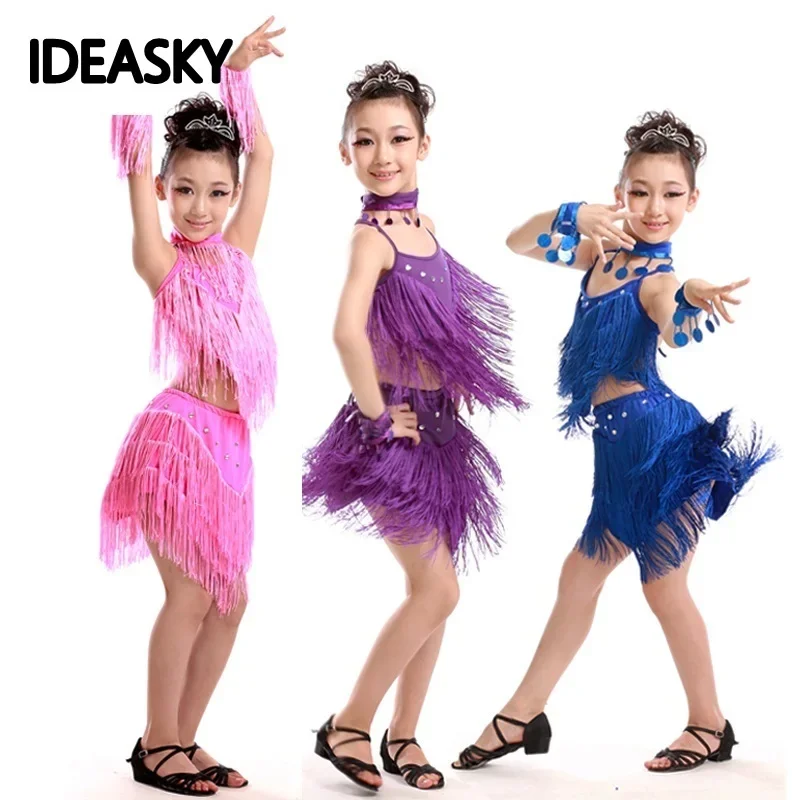 Child girls kids cheap sexy pink blue red sequin fringe salsa dancewear costume salsa Latin dance dresses CHILDREN'S sequined ms