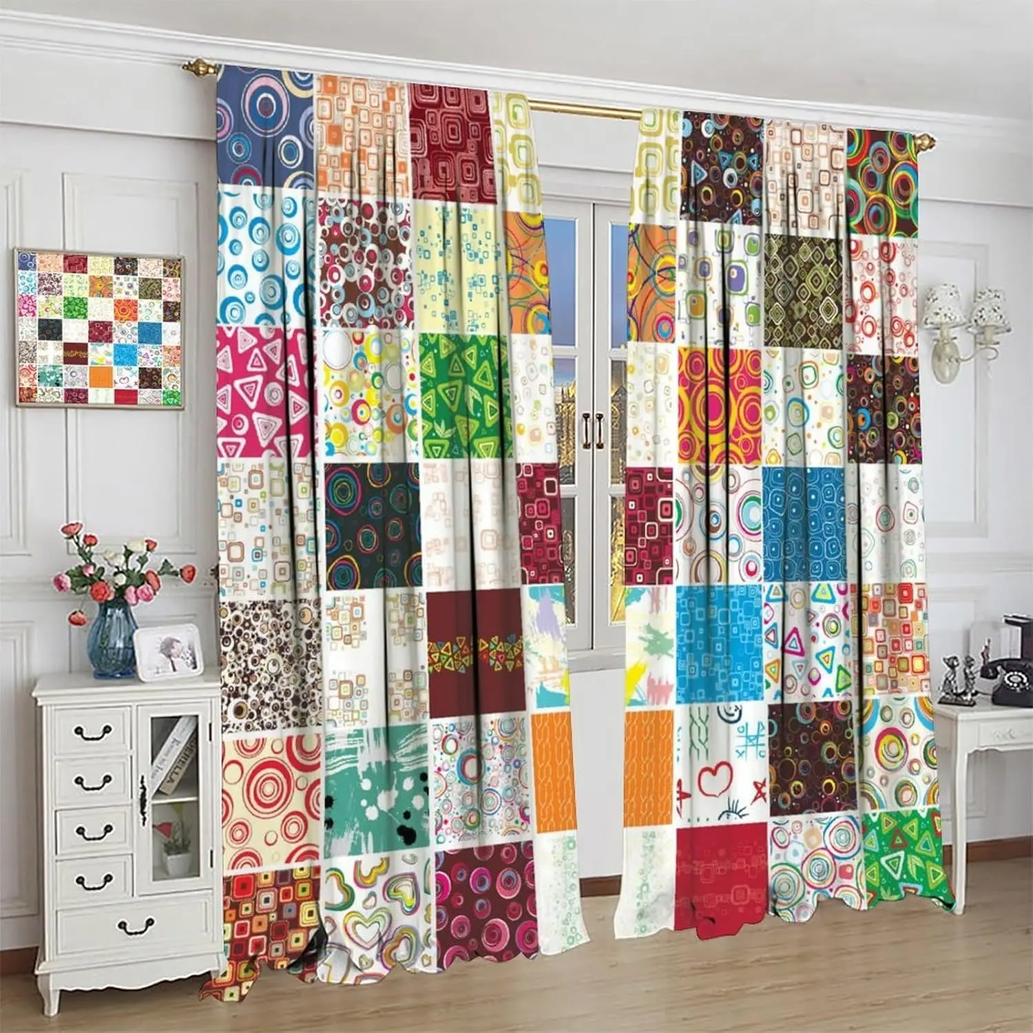 Patchwork Floral Boho Curtains,Vintage Floral Pattern Decor Rod Pocket Window Drapes for Bedroom Living Room Kitchen 42x45 Inch