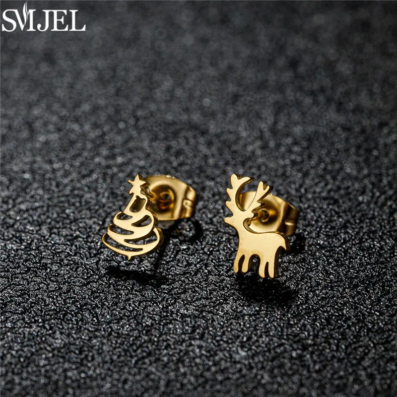 Lovely Stainless Steel Deer Christmas Tree Earrings for Women Girls Asymmetry Ear Jewelry Fashion Animal Studs New Year Gift