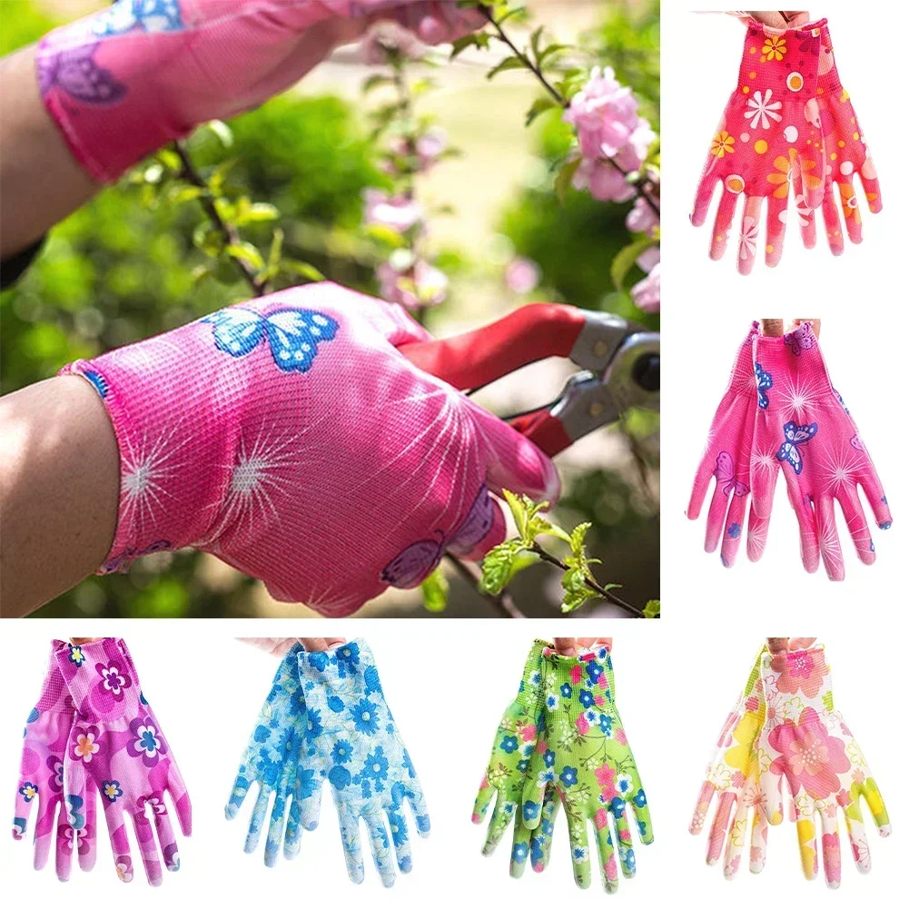 1Pair Yard Cleaning Palm-Coated Floral Garden Gloves Women Non-Slip Working Gloves Non-Slip Household Labor Protection Gloves