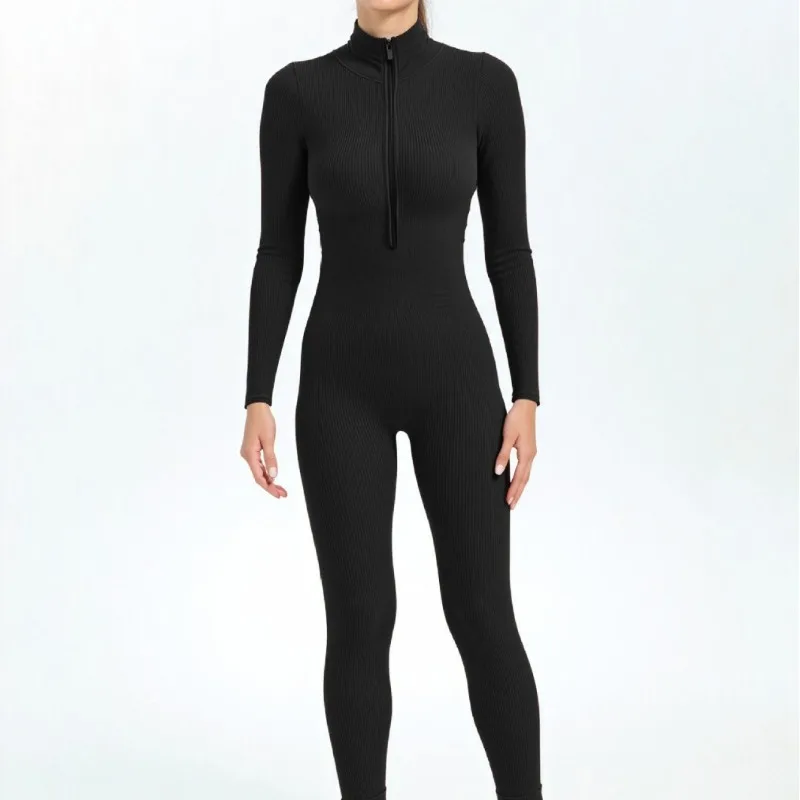 

Seamless Ribbed Knit Bodysuit Women Zip Up Stand Collar Long Sleeve Thumbhole Yoga Romper Winter Thermal Workout Outfit