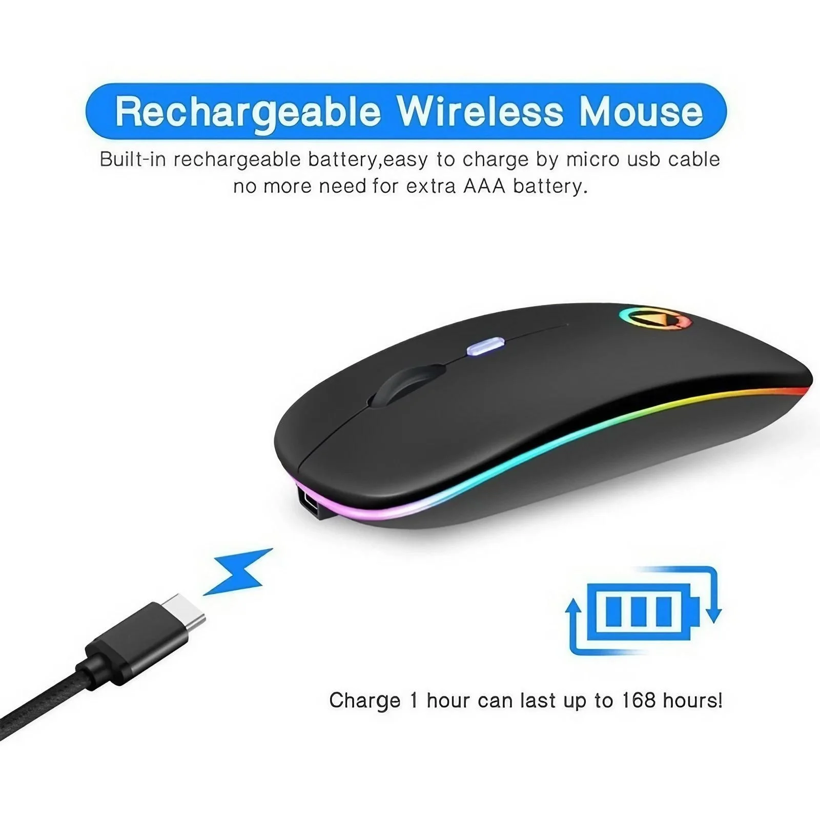 Wireless Mouse Ultra-Thin 2.4G Noiseless Portable Optical LED Multicolor Backlit for PC Laptop Tablet