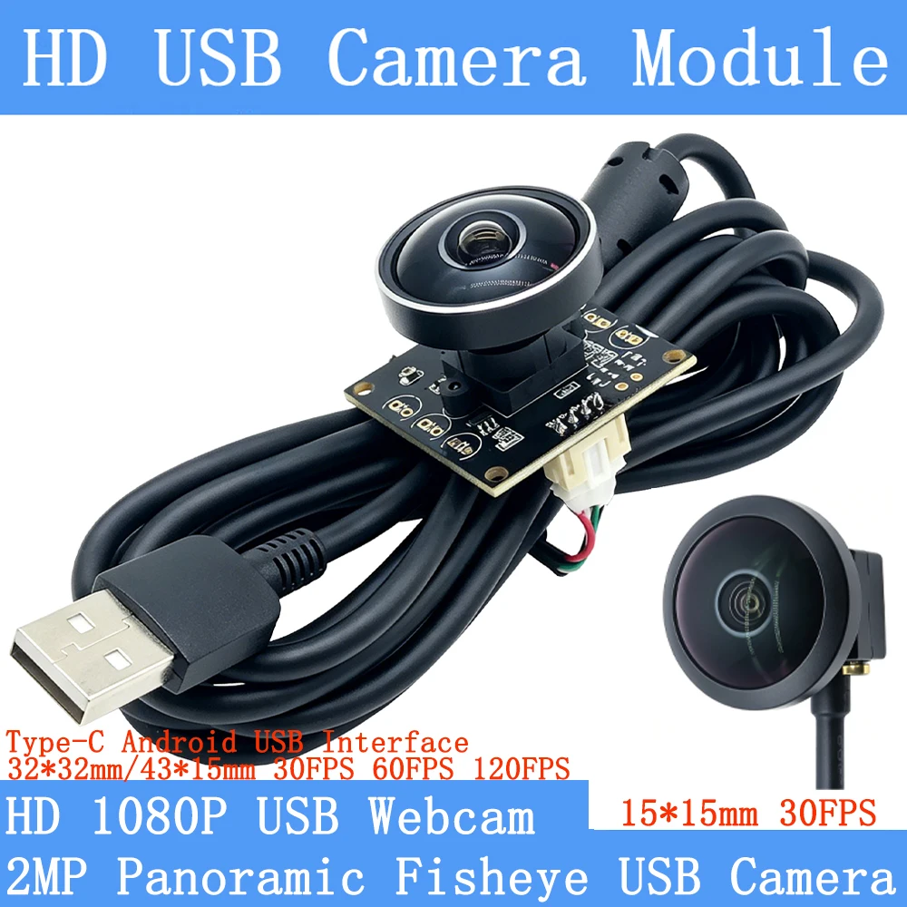 2MP Panoramic Fsheye Wide-Angle OTG USB Camera Module 30FPS 1080P CCTV Webcam with Audio Support Android Type-C Interface
