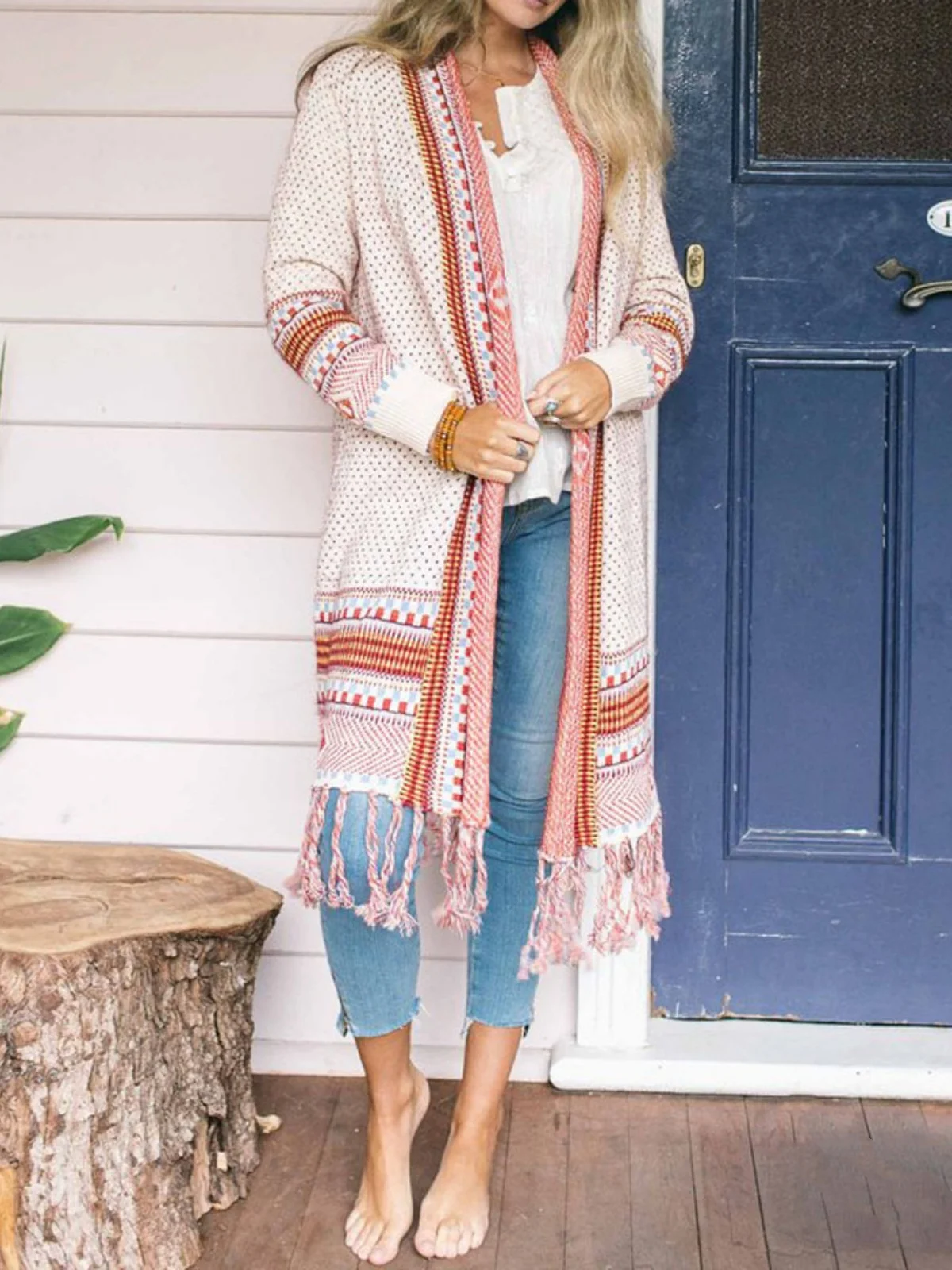 Boho Long Cardigan Women Open Front Maxi Knitted Sweaters Long Sleeve Hem Tassel Fringe Outerwears Folk Style Thin Coat Tops