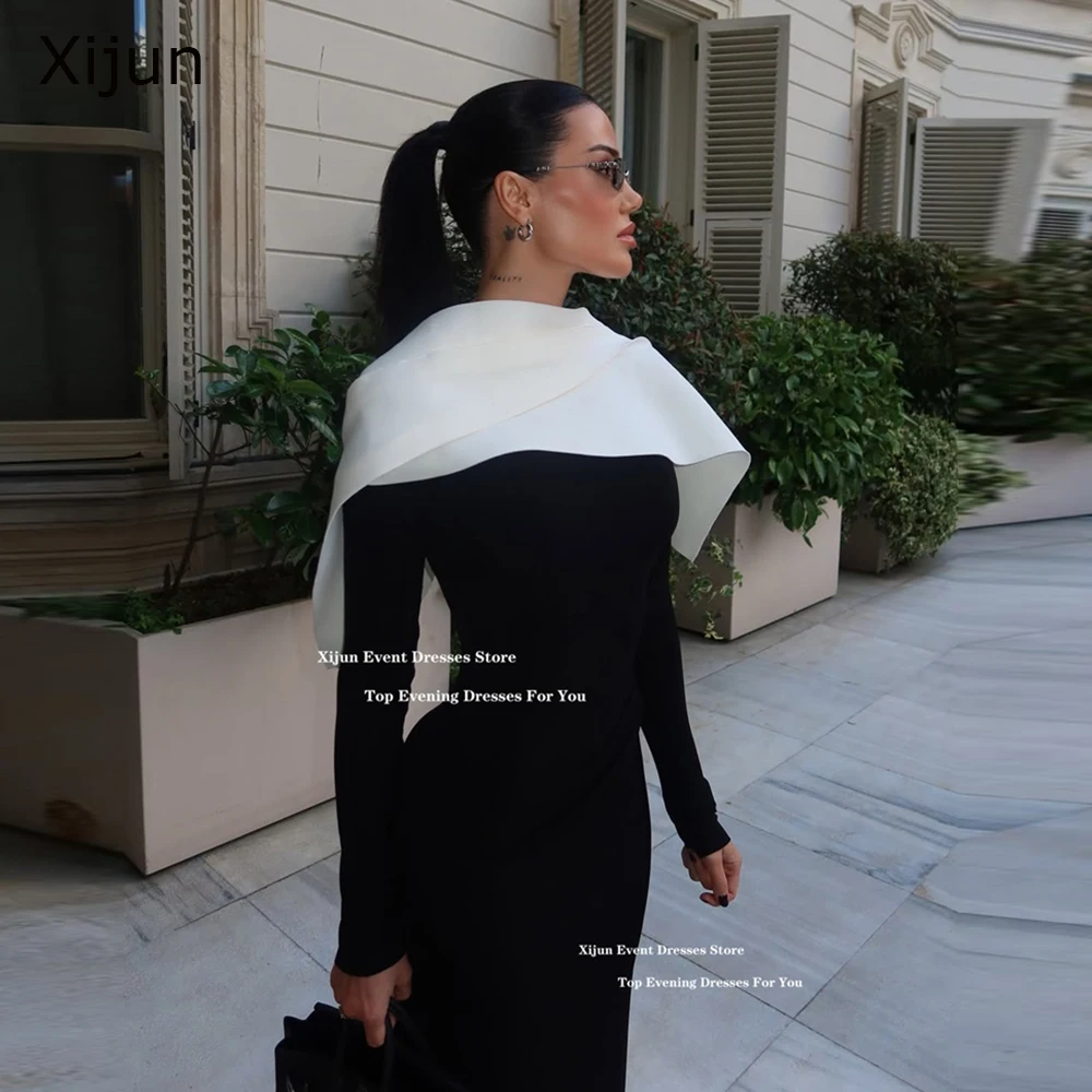

Xijun Black White Crepe Long Evening Dresses Full Sleeves Simple Dubai Prom Dresses Floor Length Prom Gowns 2025 Customized