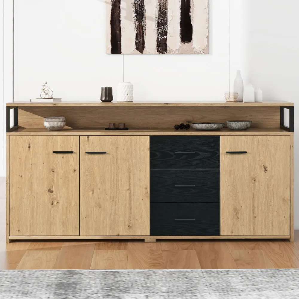 Aparador Industrial de 150 cm, 3 Puertas, 3 Cajones, Armario Alto con Tiradores Metálicos, Multiusos para Sala de Estar, Oficina, Dormitorio