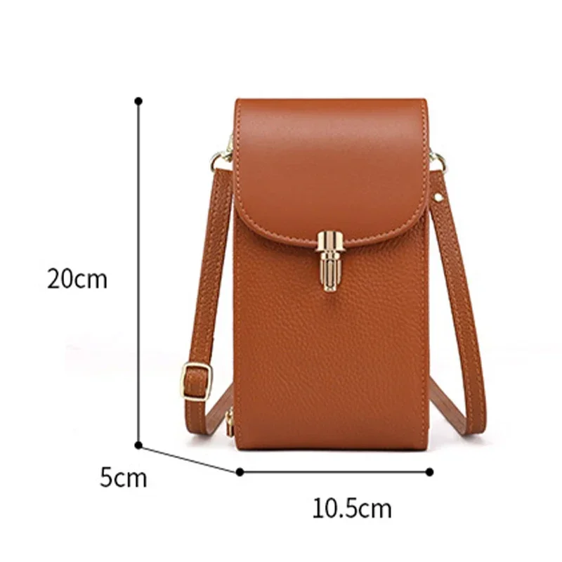 Genuine Leather Phone Bag Solid Color Flip Round Lock Bag Women\'s Crossbody Bag with Long Shoulder Strap and Credit Card Slot