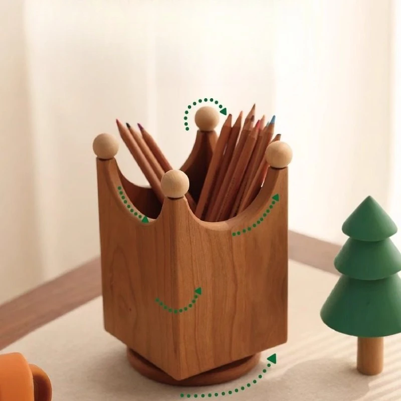 

Rotating pen holder, desktop storage box, makeup brush, solid wood art ornament, birthday school gift.