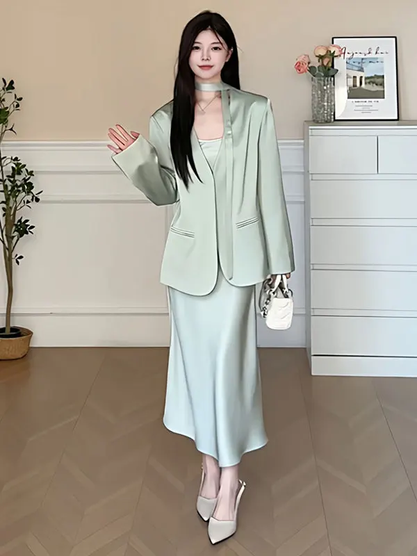 

Женская блузка в корейском стиле с длинным рукавом, весна-осень, зеленая, свободного кроя, универсальная, с поясом, пиджак-костюм, повседневная, для работы, для собеседований