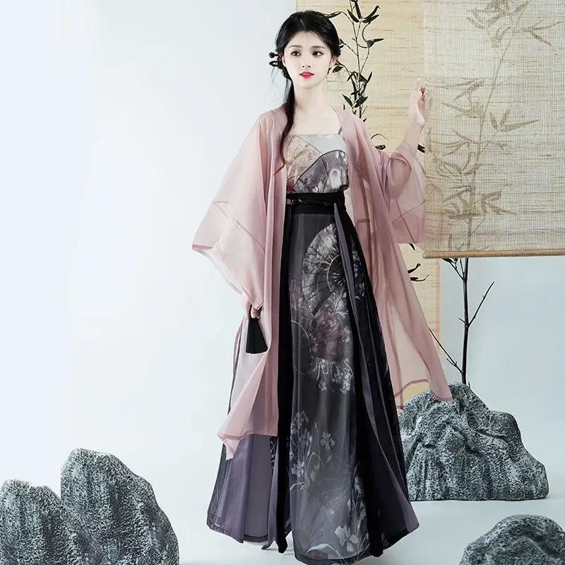 

Chinese Hanfu Dress Women Party Outfit Chinese Tang dynasty Ancient Printed Fashion Hanfu Summer Chiffon 3pcs Sets