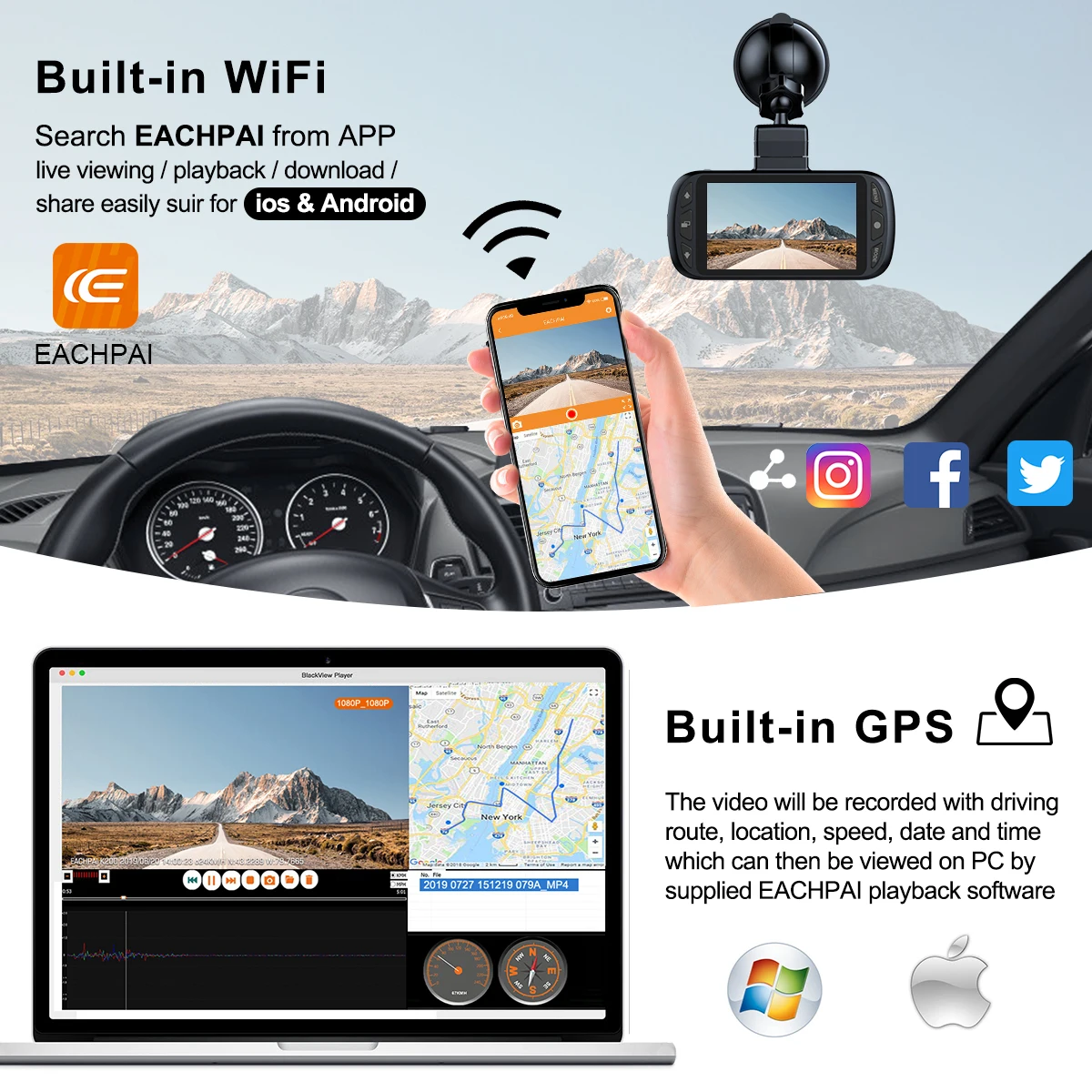 Eachai-車用デュアルDVRカメラ,デュアルダッシュカメラ,1080P,GPS,wifi,スタービス暗視装置付き