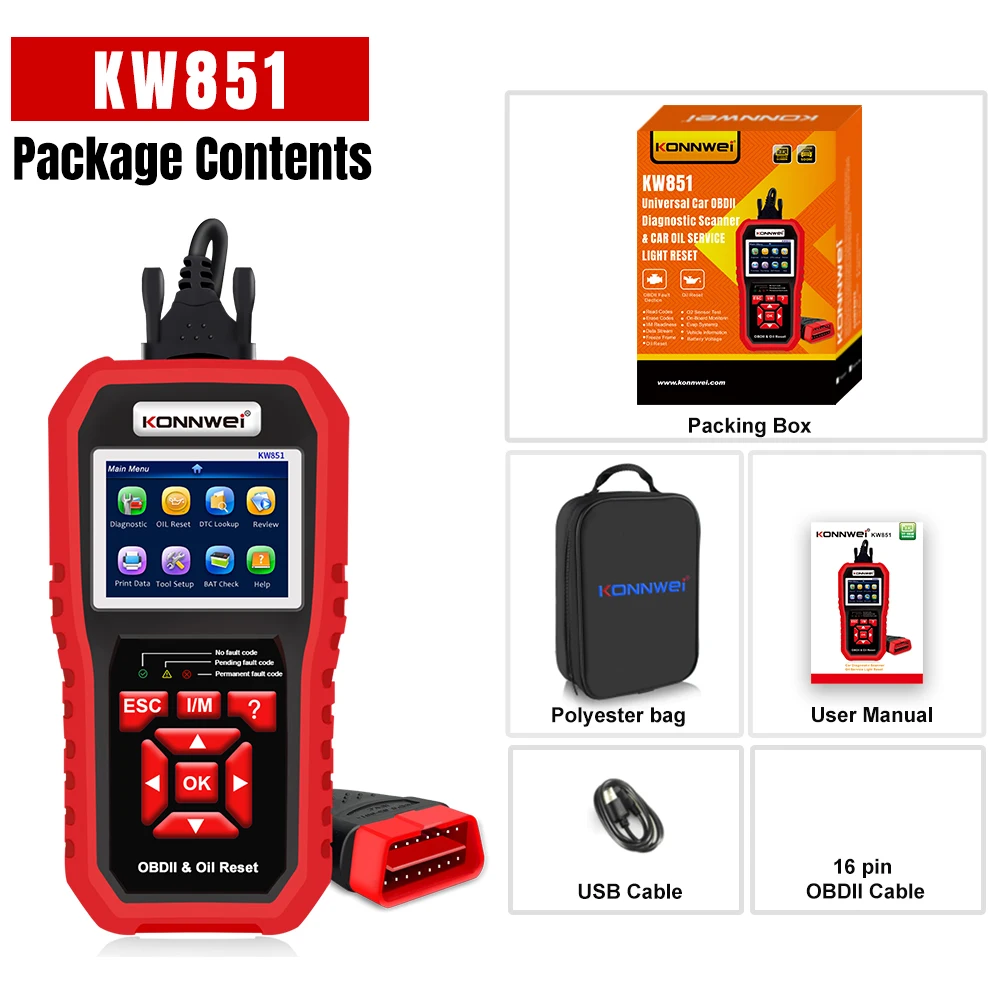 KONNWEI KW851 Car OBDII Diagnostic Scanner Oil Service Light Reset Read Clear Codes O2 Sensor Tester I/M Diagnostic Tool