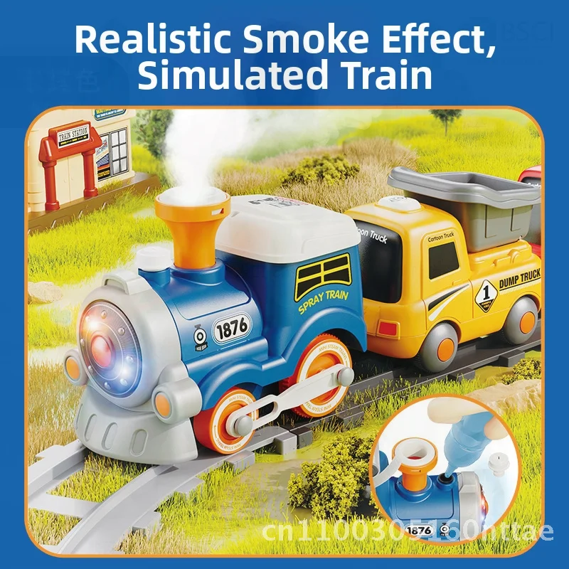 만화 연기 자석 기차 세트, 3세 어린이용 리모컨 포함, 교육용 트랙 장난감, 확장 가능한 마카롱 포함
