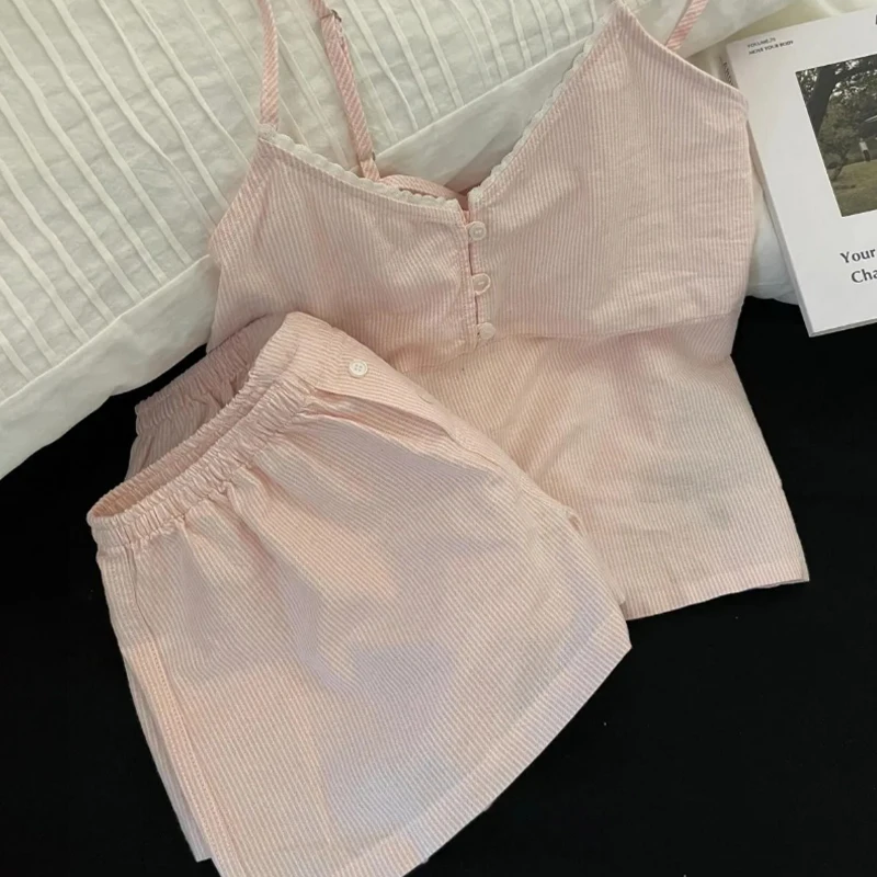 شورت بحمالات مع وسادة صدر طقم بيجامات نسائي صيفي مخطط حلو ملابس منزلية #6