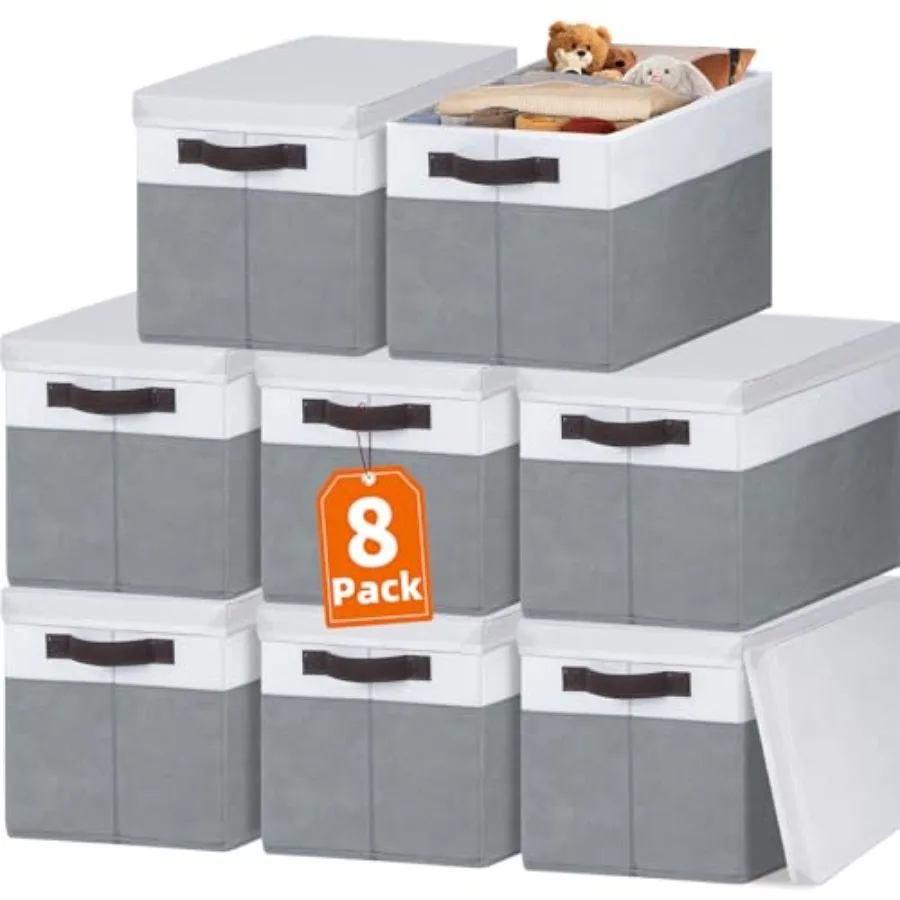 

8 Pack Closet Storage Bins with Lids - Stackable Storage Baskets for Organizing Clothes Toys Blankets - Odorless for Baby Nurse