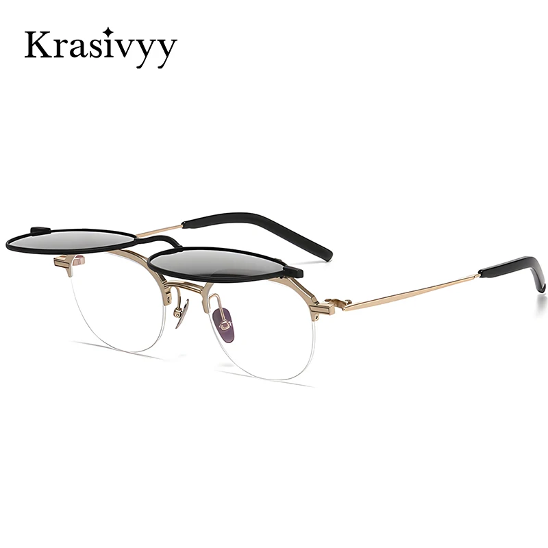Krasivyy Flip Cover Polarized Sunglasses Men Titanium Vintage Round Sun glasses Women Brand Italy Eyeglasses Frame UV400 Shades