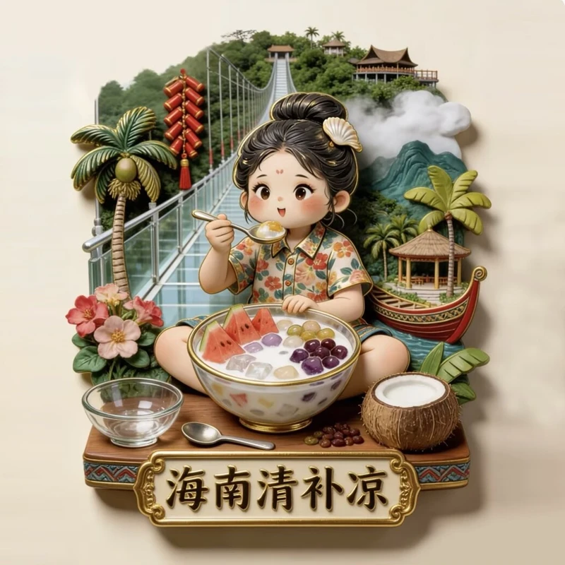 Hainan Cuisine Coconut Desserts 3D Metal Fridge Magnets China Tourism Souvenirs Refrigerator Magnetic Stickers Gift