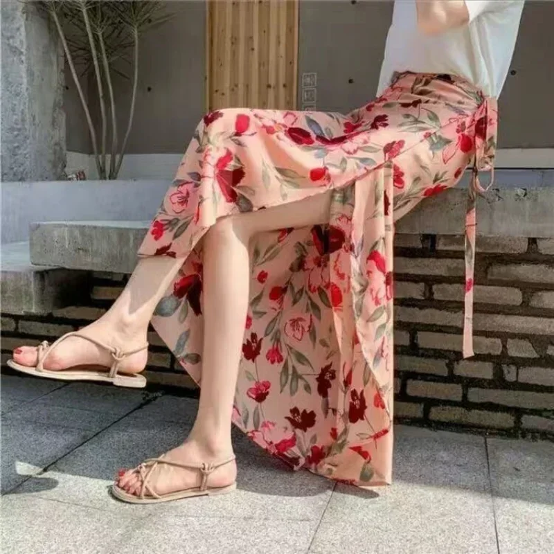 Women Casual Chiffon Wrap Skirt Tie Waist Ruffle Wide Leg Loose Summer Beach High Waist